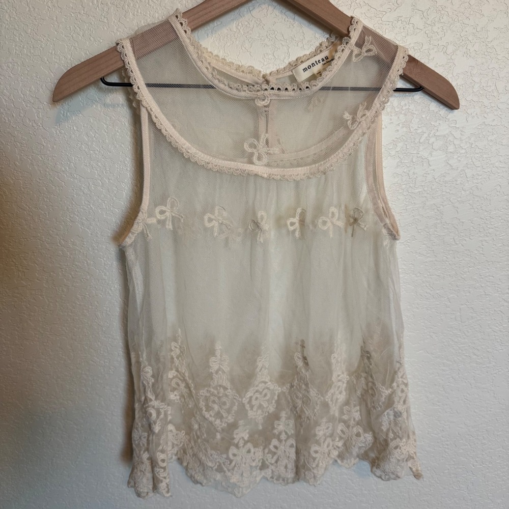 Coquette Cottagecore Monteau Sheer Lace Bow Tank Medium Cream